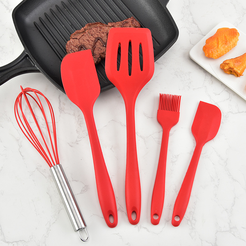 Juego 5 Utensilios de Silicón para Repostería y Cocina, espátulas tipo miserable, batidor de globo y brocha, Rojo