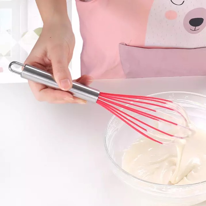 Juego 5 Utensilios de Silicón para Repostería y Cocina, espátulas tipo miserable, batidor de globo y brocha, Rojo