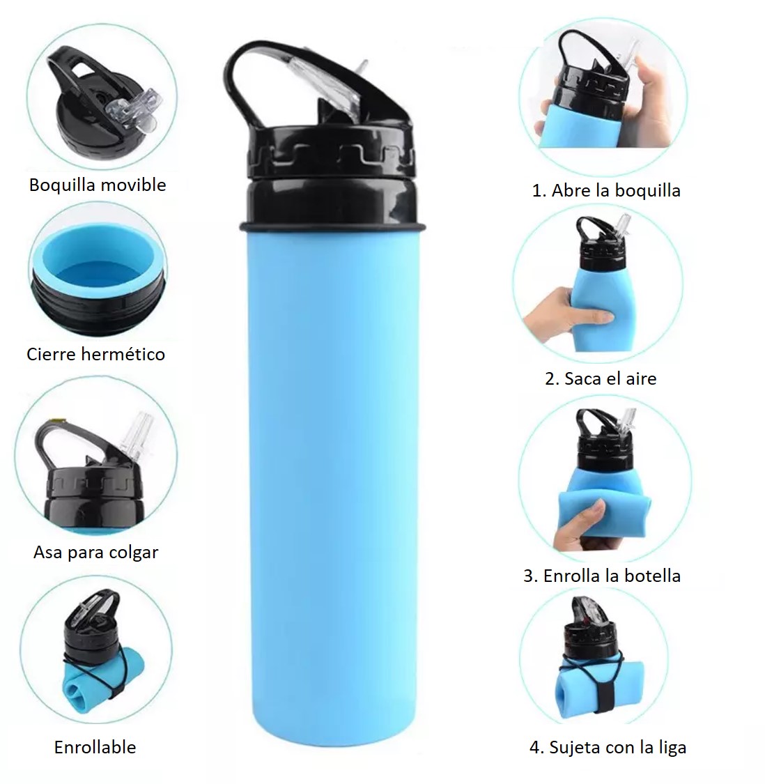 Botella de Agua 600ml Silicón Plegable GYM Deportes Ciclismo Campismo, Rojo fresa