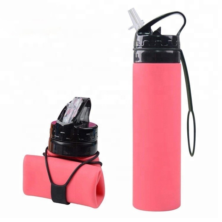 Botella de Agua 600ml Silicón Plegable GYM Deportes Ciclismo Campismo, Rojo fresa