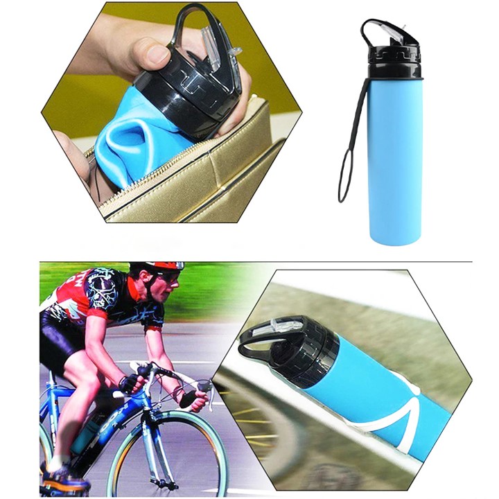 Botella de Agua 600ml Silicón Plegable GYM Deportes Ciclismo Campismo, Rojo fresa