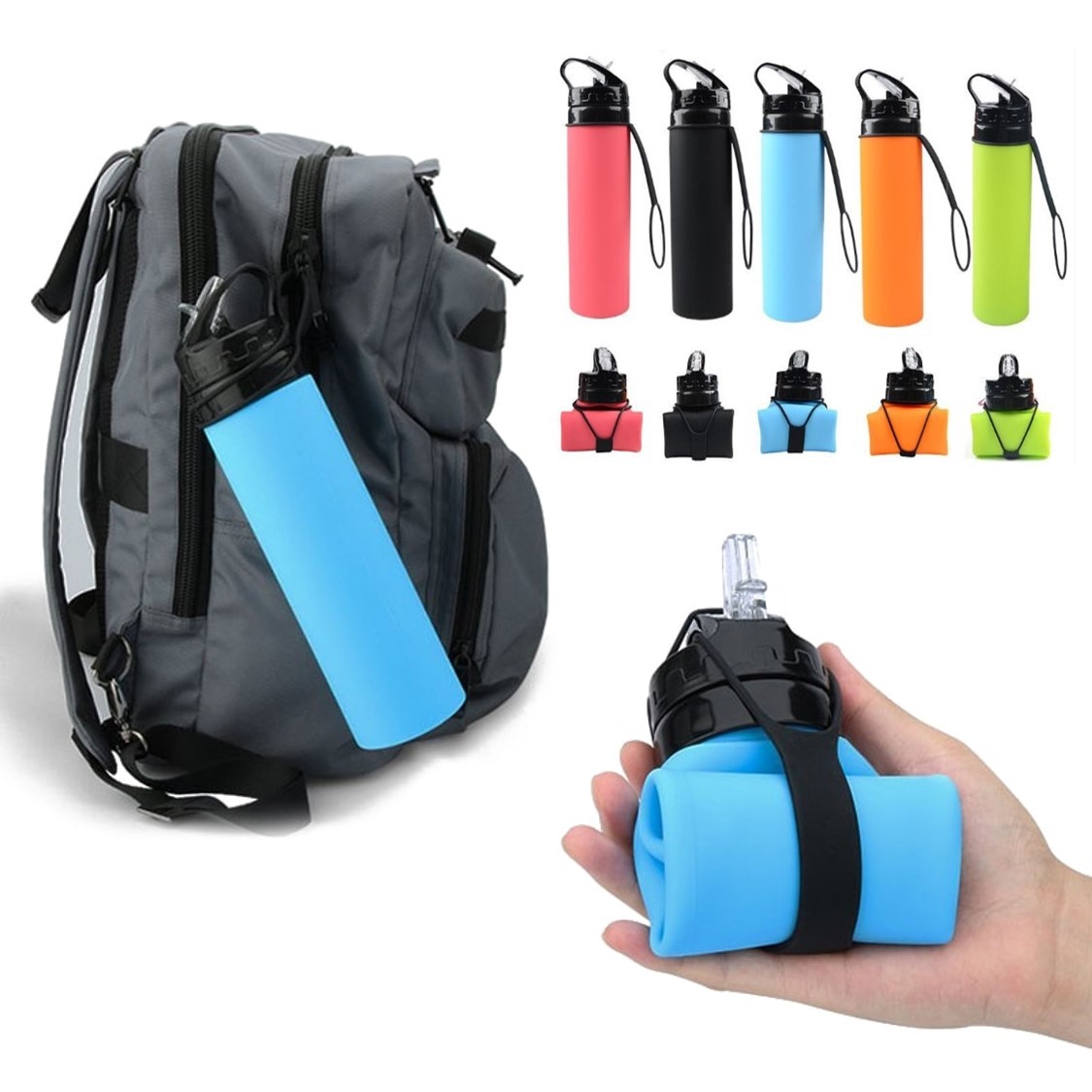 Botella de Agua 600ml Silicón Plegable GYM Deportes Ciclismo Campismo, Naranja