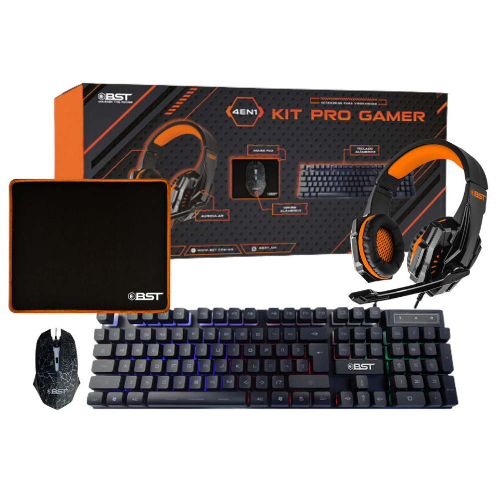 Kit Gamer Teclado, Mouse, Audífonos, Mouse Pad 4en1 BST KIT PRO GAMER