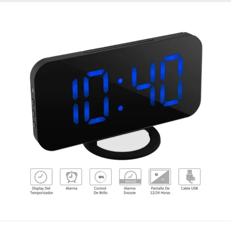 Despertador Digital Electrónico Reloj De Alarma Led Dual Espejo Brillo Ajustable Azul