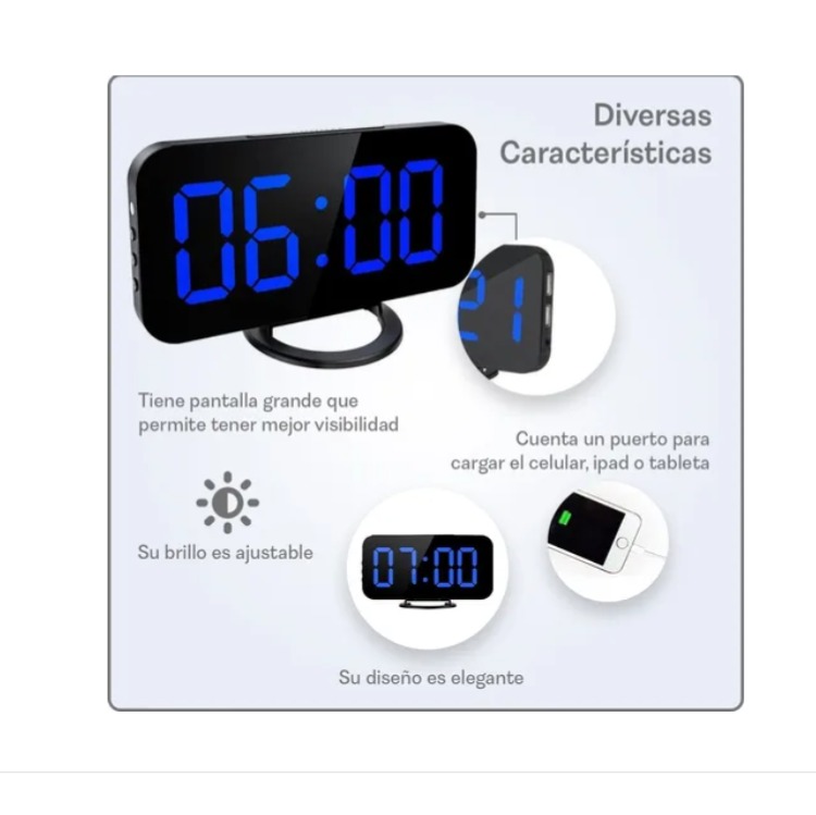 Despertador Digital Electrónico Reloj De Alarma Led Dual Espejo Brillo Ajustable Azul