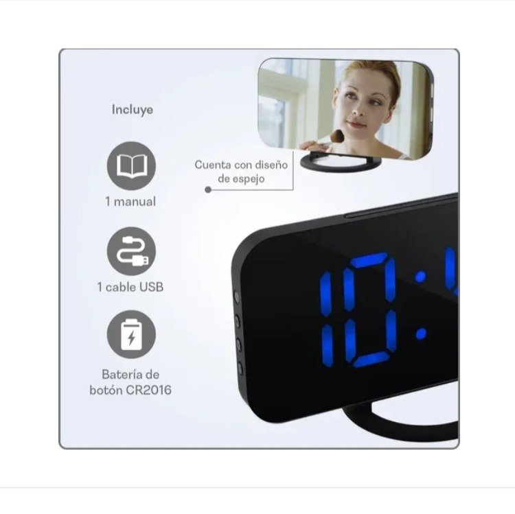 Despertador Digital Electrónico Reloj De Alarma Led Dual Espejo Brillo Ajustable Azul