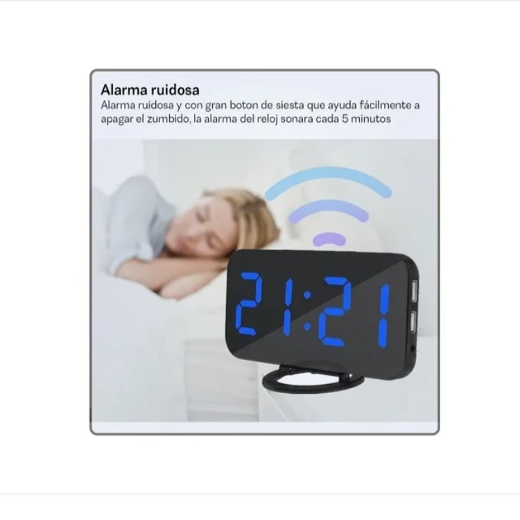 Despertador Digital Electrónico Reloj De Alarma Led Dual Espejo Brillo Ajustable Azul