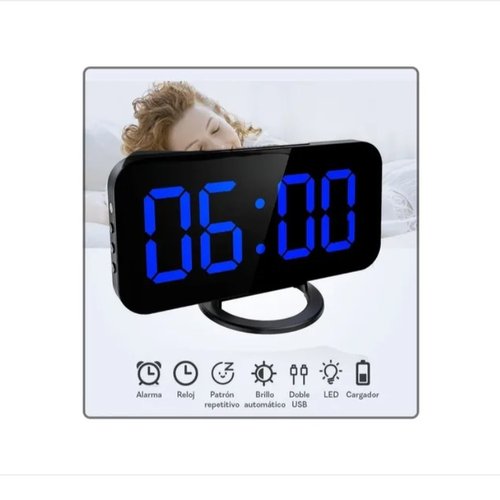 Despertador Digital Electrónico Reloj De Alarma Led Dual Espejo Brillo Ajustable Azul