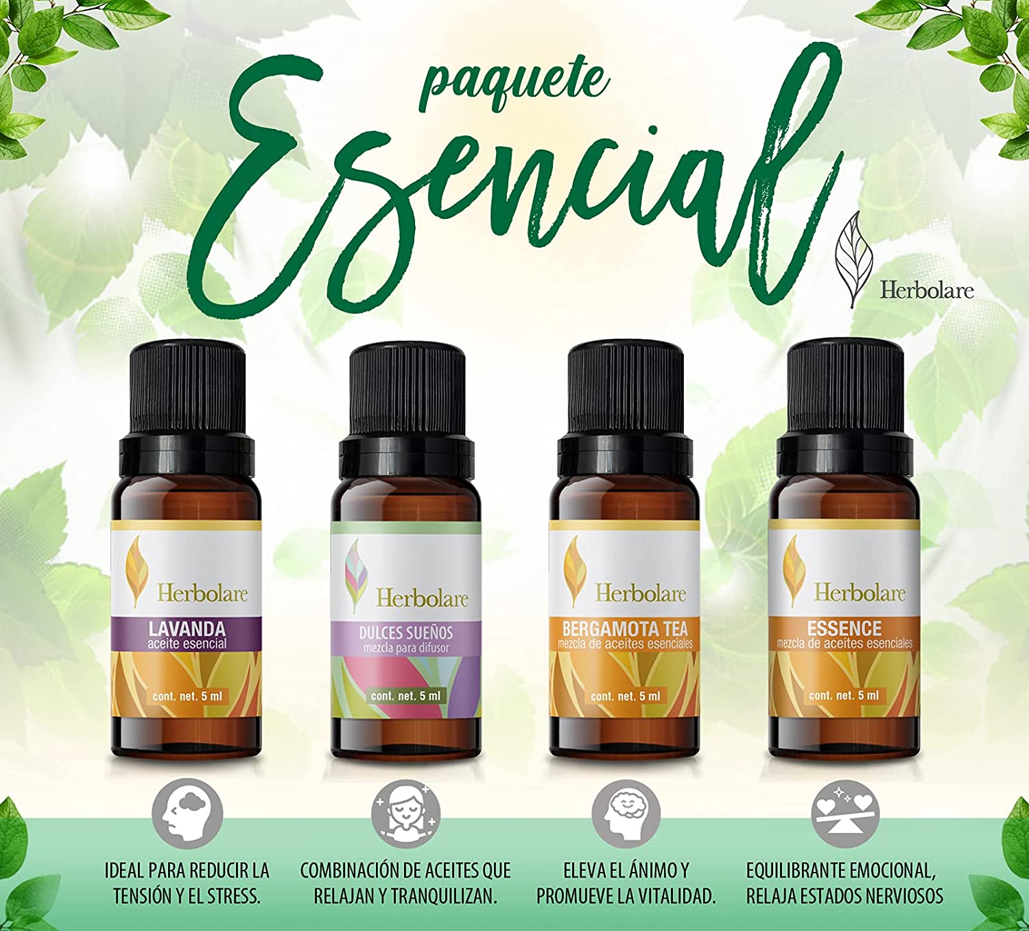 Paquete Esencial 4 aceites 5 ml. Mezclas de aceites esenciales 100% puros.