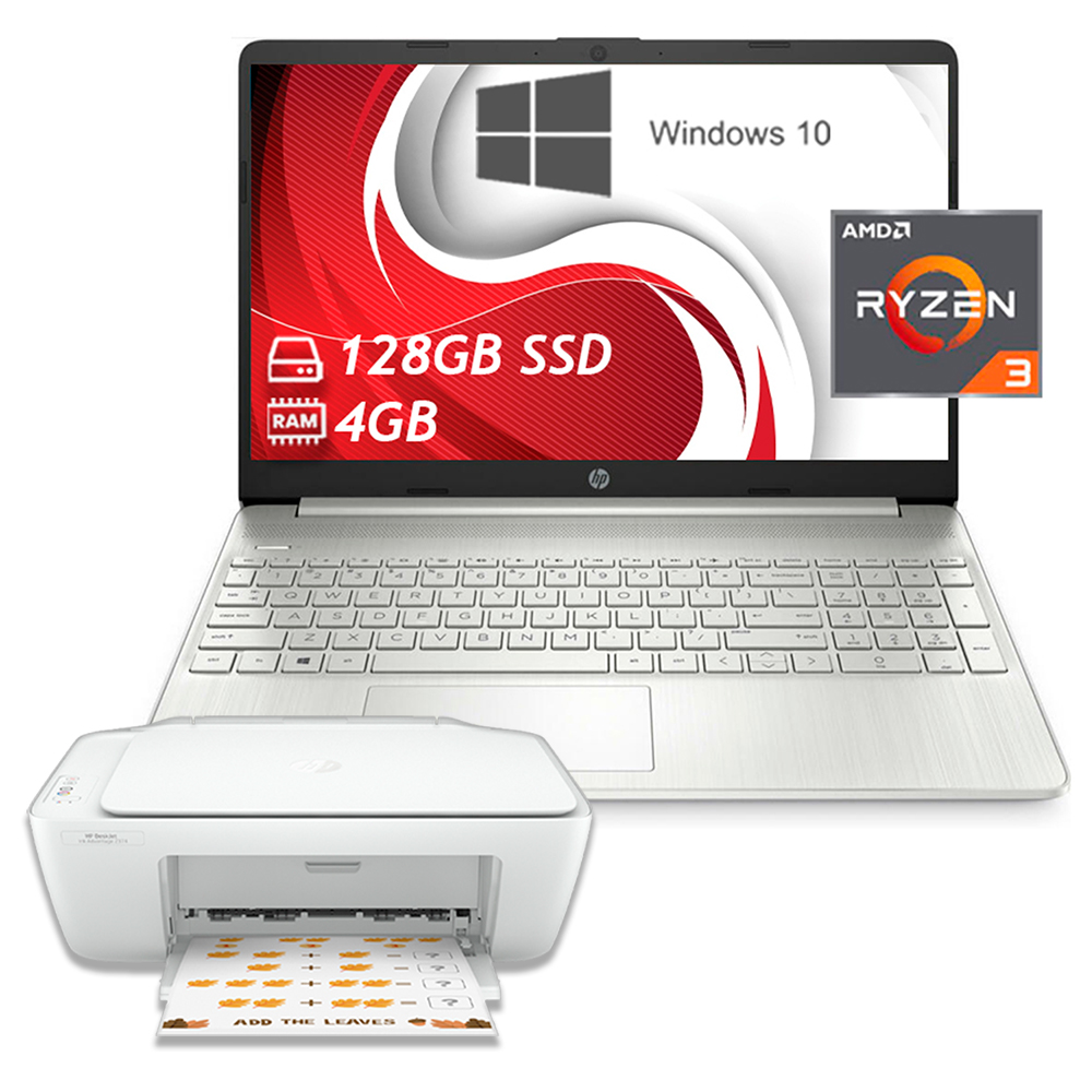 Laptop Hp 15.6 Disco Sólido 128gb Ryzen 3, 4gb Ram Silver + Impresora