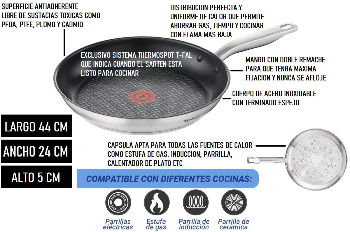 Sarten T-fal ultimum Antiadherente 24cm Induccion Y Fuego Sin Toxicos acero inoxidable todas las fuentes de calor