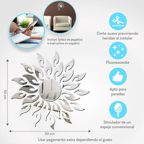 Espejo Vinilo Decorativo Sticker Adhesivo En Forma De Sol De 50x50 cm
