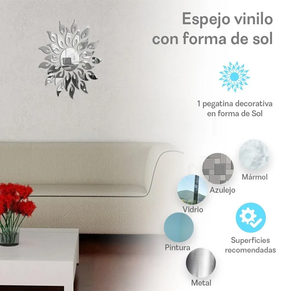 Espejo Vinilo Decorativo Sticker Adhesivo En Forma De Sol De 50x50 cm