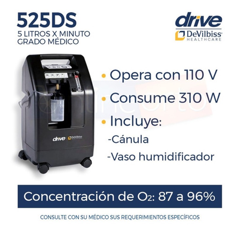 Concentrador De Oxigeno 5 Lts Drive Con Doble Vaso Y Cánula