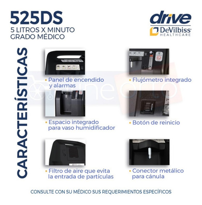 Concentrador De Oxigeno 5 Lts Drive Con Doble Vaso Y Cánula