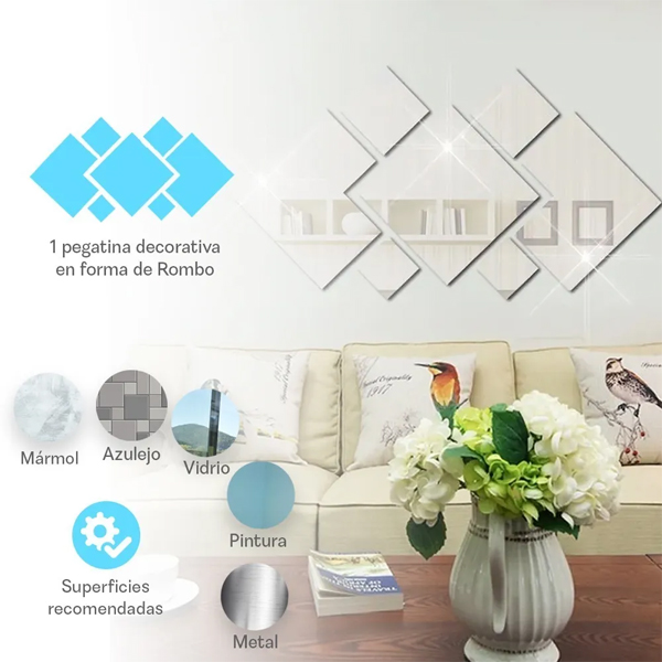 Espejo Vinilo Decorativo Sticker Adhesivo En Forma De Rombo De 16.5 cm