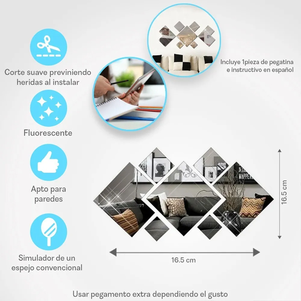Espejo Vinilo Decorativo Sticker Adhesivo En Forma De Rombo De 16.5 cm