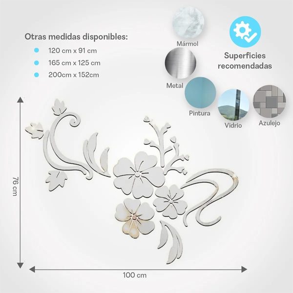 Espejo Vinilo Acrílico Decorativo Sticker Adhesivo En Forma De Flor 3D De 100x76 cm