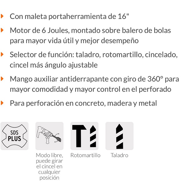 Rotomartillo SDS PLUS Industrial Uso Rudo y Continuo de 6 Joules Truper ROEL-60N Calidad Premium Potente Durable Perfora Concreto Metal Madera