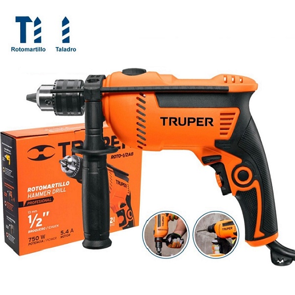 Rotomartillo Taladro Profesional de 750W Truper de 1/2" ROTO-1/2A8 Perforación Concreto Acero Plastico Madera