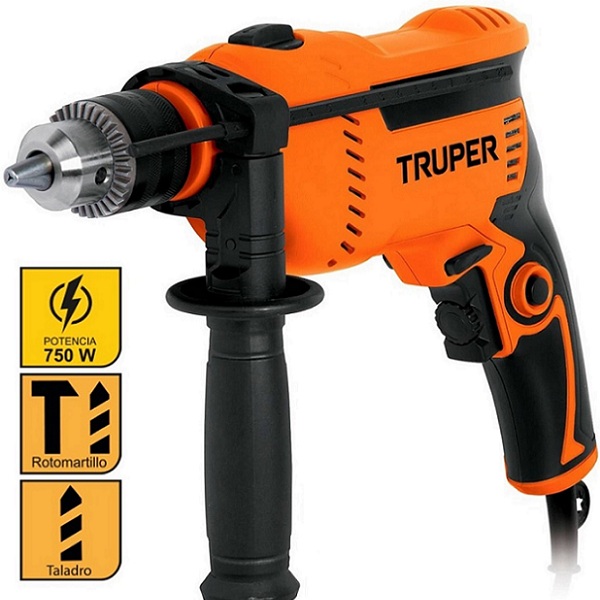 Rotomartillo Taladro Profesional de 750W Truper de 1/2" ROTO-1/2A8 Perforación Concreto Acero Plastico Madera