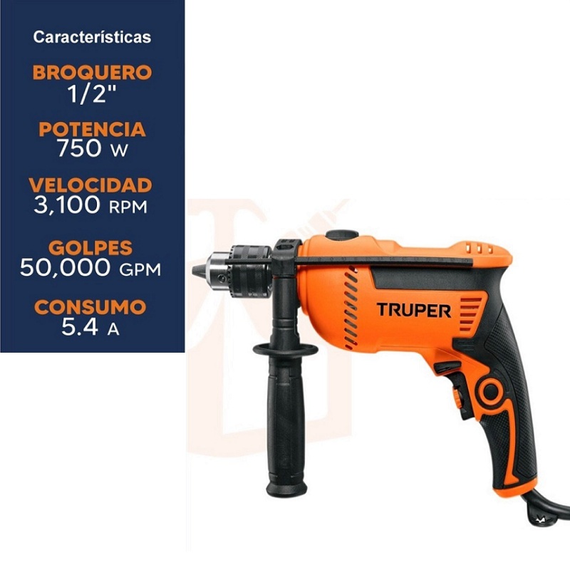 Rotomartillo Taladro Profesional de 750W Truper de 1/2" ROTO-1/2A8 Perforación Concreto Acero Plastico Madera