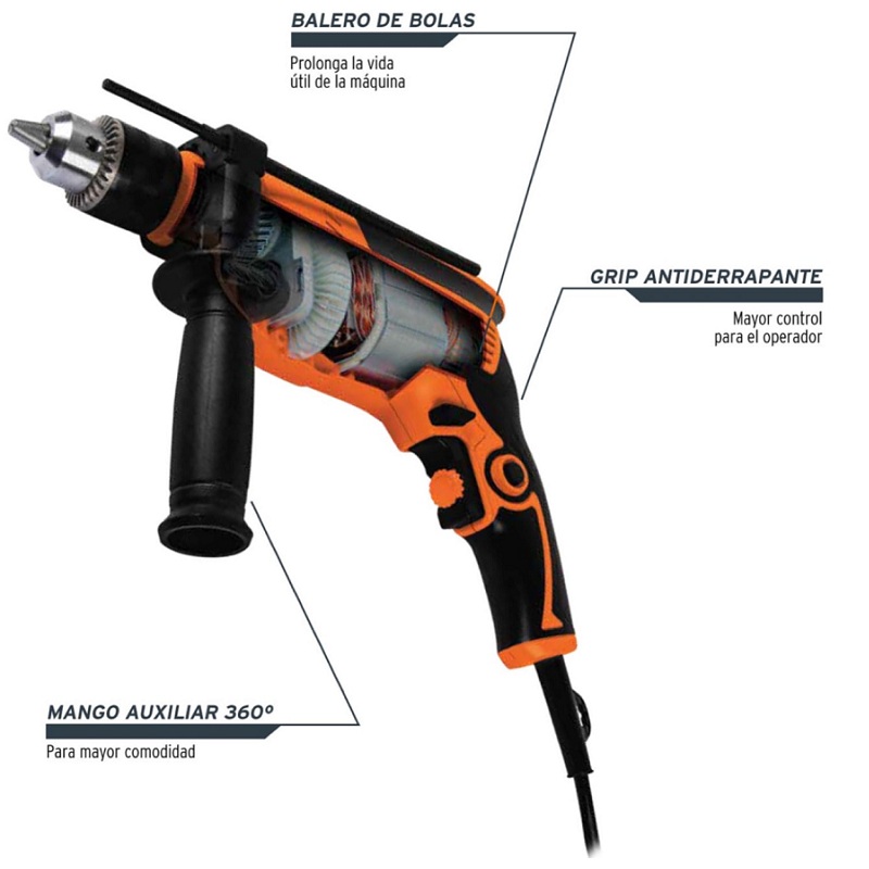 Rotomartillo Taladro Profesional de 750W Truper de 1/2" ROTO-1/2A8 Perforación Concreto Acero Plastico Madera