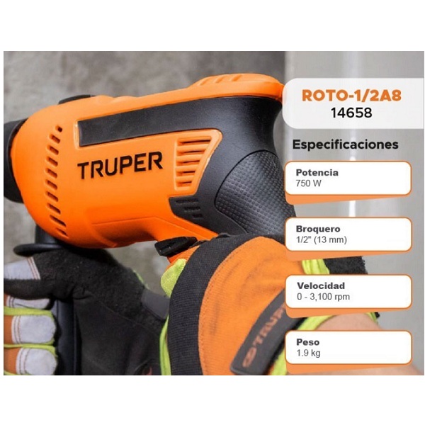 Rotomartillo Taladro Profesional de 750W Truper de 1/2" ROTO-1/2A8 Perforación Concreto Acero Plastico Madera