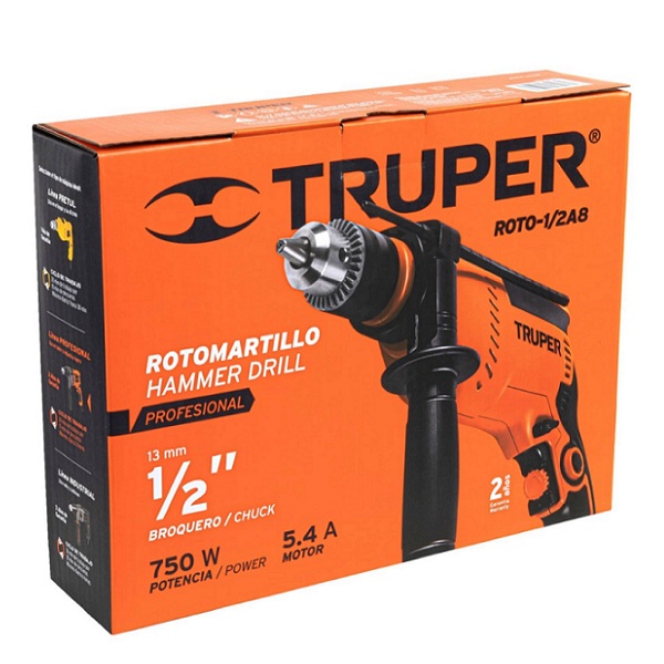 Rotomartillo Taladro Profesional de 750W Truper de 1/2" ROTO-1/2A8 Perforación Concreto Acero Plastico Madera