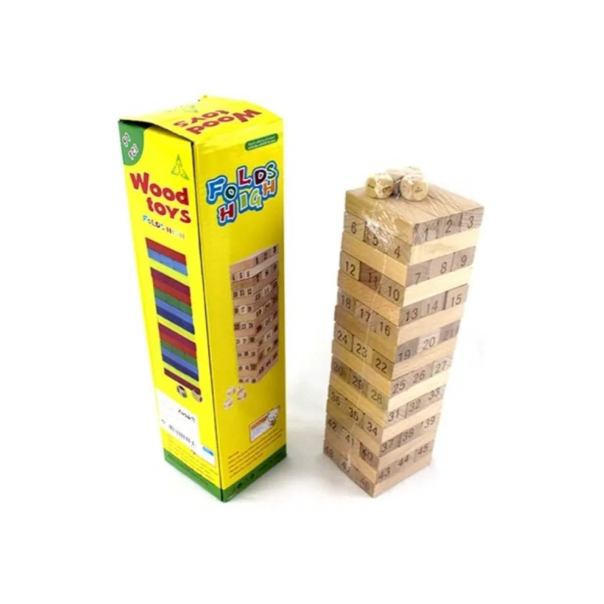 Juego Jenga Clásico Madera Acabado Fino, 48 Bloques Madera 4 Dados.