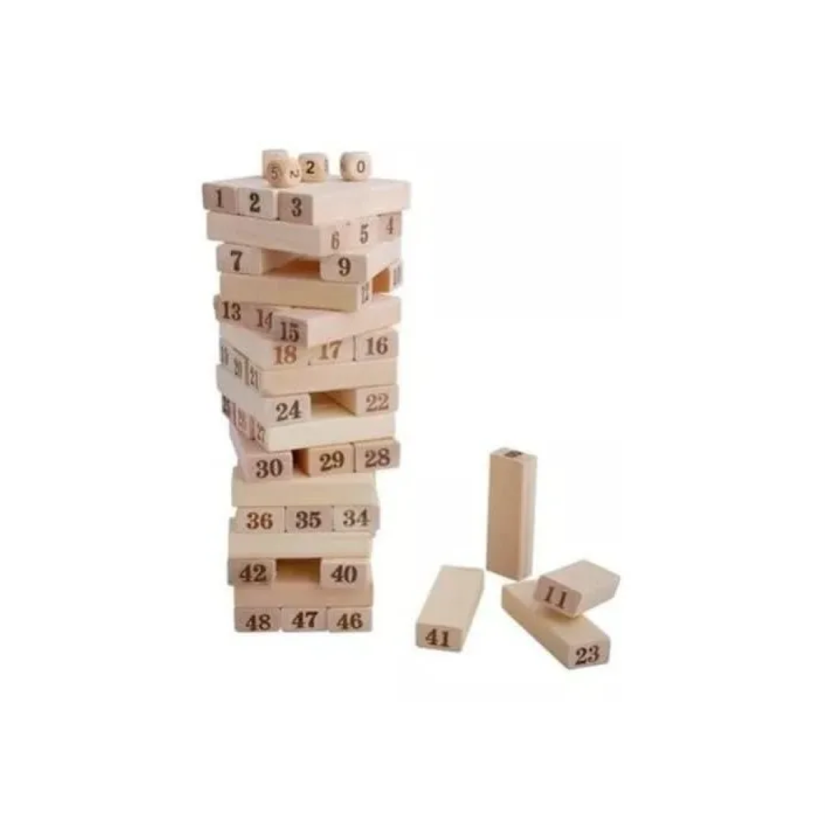 Juego Jenga Clásico Madera Acabado Fino, 48 Bloques Madera 4 Dados.