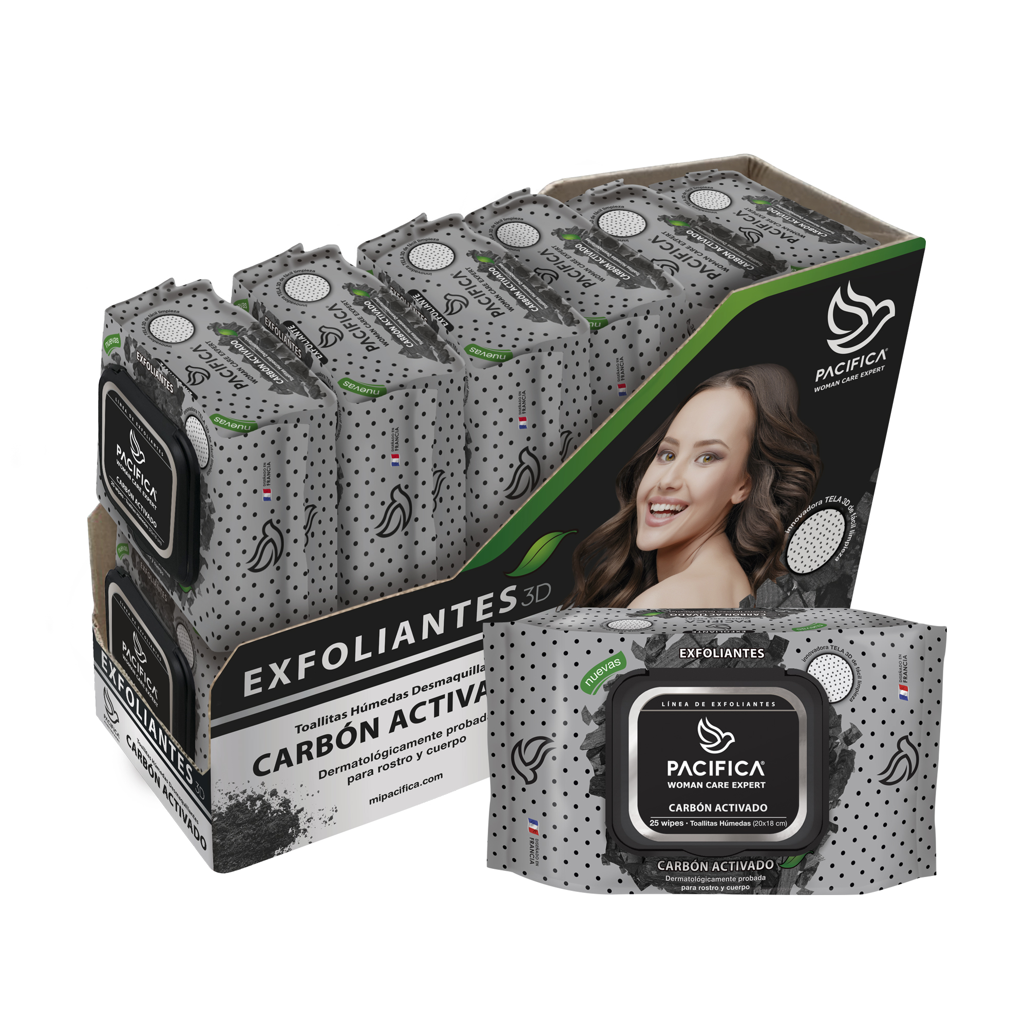 Toallitas Húmedas Exfoliantes Pacifica (Caja con 12 paquetes de 25 toallitas c/u)