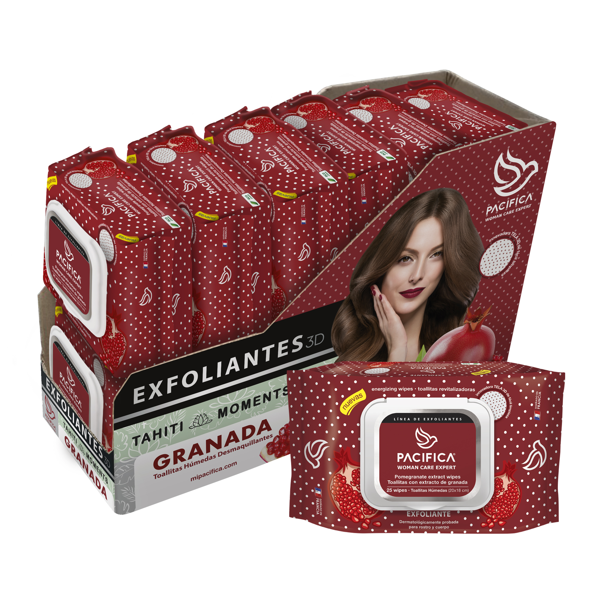 Toallitas Húmedas Exfoliantes Pacifica (Caja con 12 paquetes de 25 toallitas c/u)