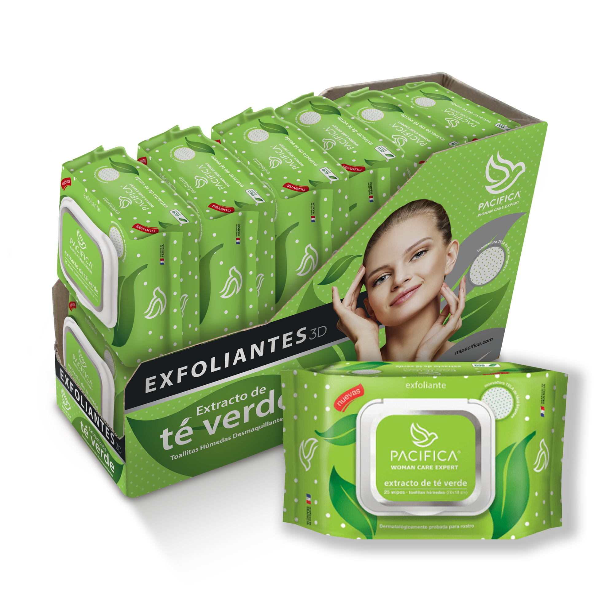 Toallitas Húmedas Exfoliantes Pacifica (Caja con 12 paquetes de 25 toallitas c/u)