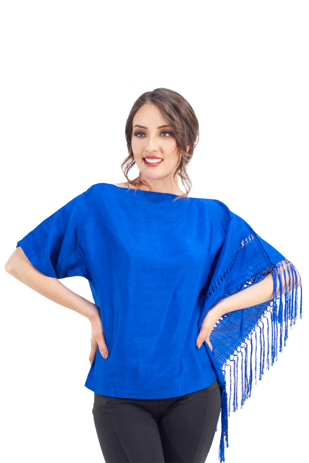 Blusa para Dama AngeLozano de Rebozo Artesanal con Mangas color Azul