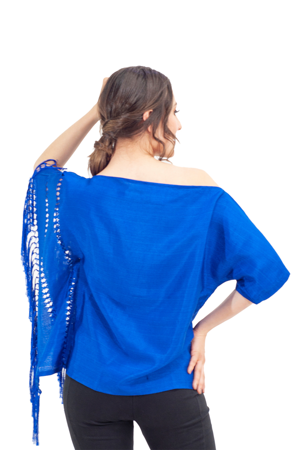 Blusa para Dama AngeLozano de Rebozo Artesanal con Mangas color Azul