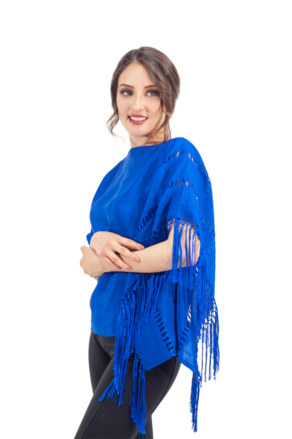 Blusa para Dama AngeLozano de Rebozo Artesanal con Mangas color Azul