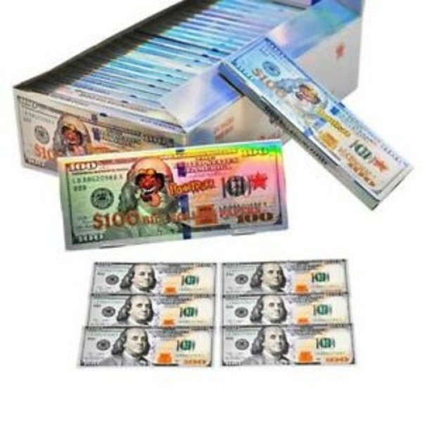 Caja 24 Carteras 24 Papeles C/u Papel de Liar Fumar Estampado Billete $100 Dólar Tamaño King Size