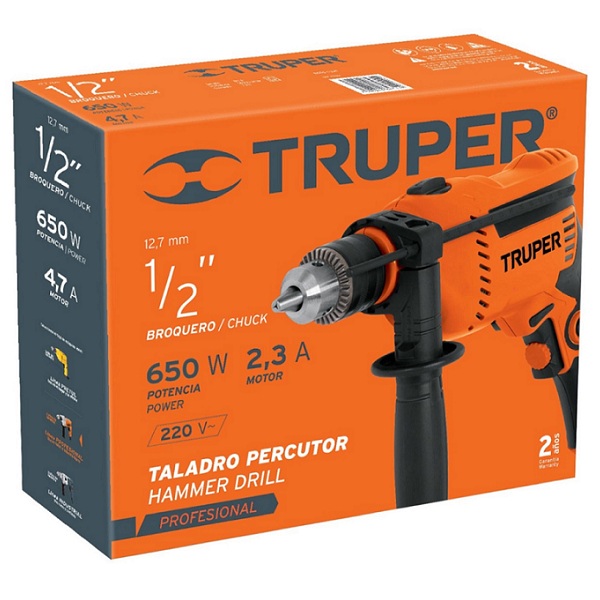 Rotomartillo Taladro Profesional Truper de 1/2" de 650W ROTO-1/2A7 Perforación Concreto Metal Plástico Madera