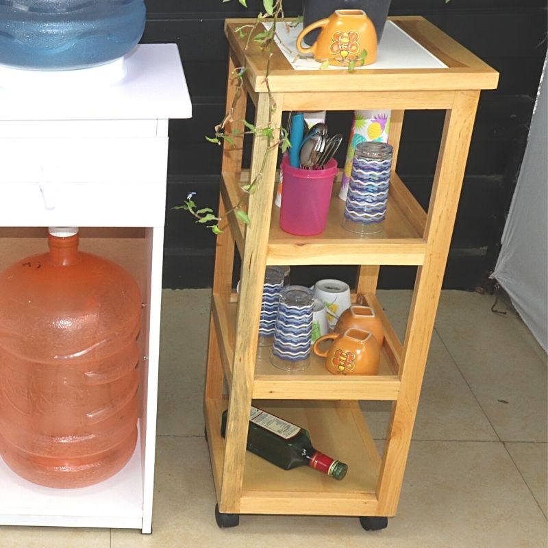 Mesa Auxiliar para Cocina NORVAL Muebles Sicilia con 4 ruedas y entrepaños de Madera Cubierta Cerámica Color Natural