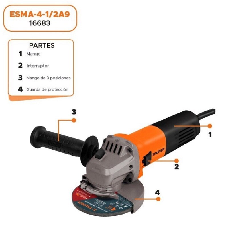 Esmeriladora Angular de 4 1/2 Profesional Truper de 800W ESMA-4-1/2A9 Cortar Desbastar cortadora Pulidora