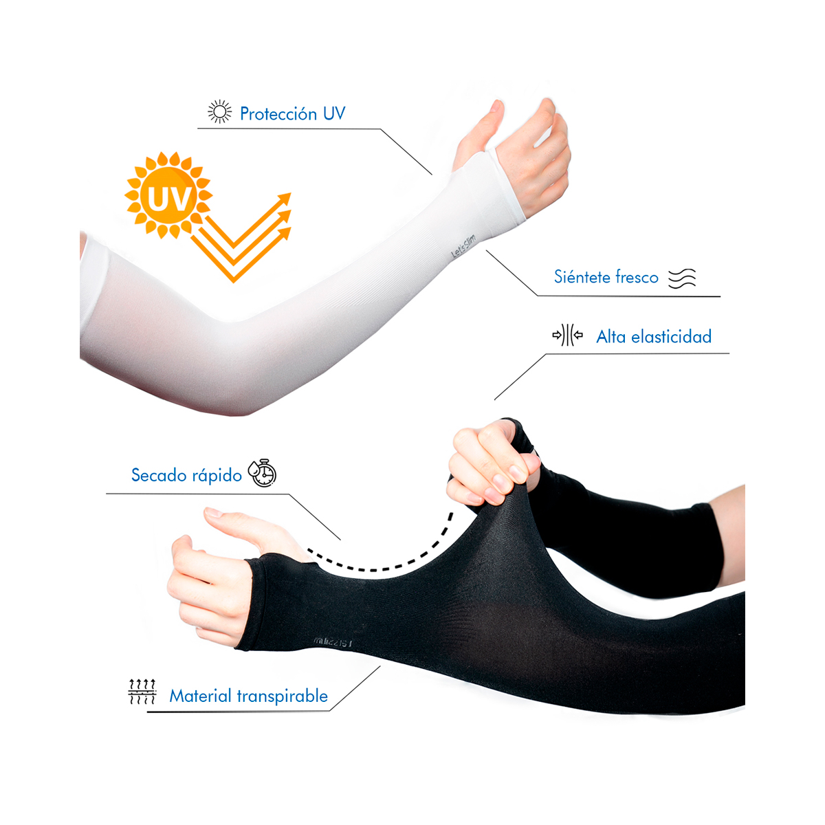 Mangas Protectora Solar Uv Licra Deportiva Brazos Manos Par Negro