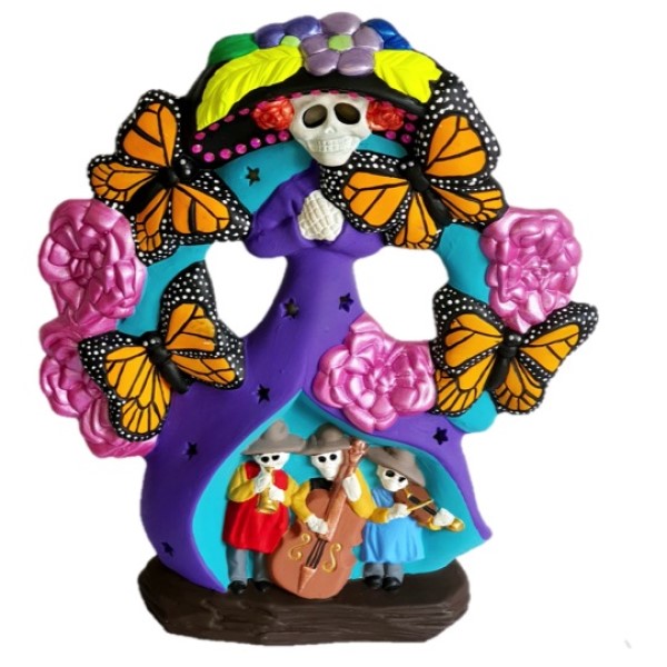 Catrina mexicana monarca, excelente escultura decorativa para dia de muertos, pintada a mano por manos mexicanas