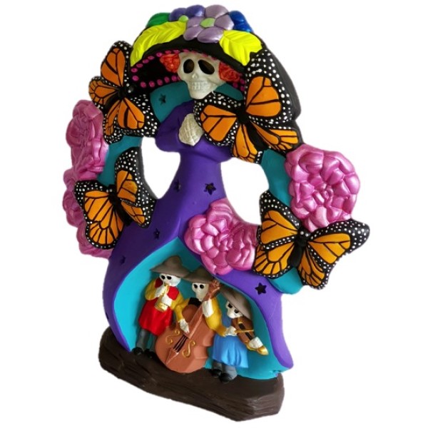 Catrina mexicana monarca, excelente escultura decorativa para dia de muertos, pintada a mano por manos mexicanas