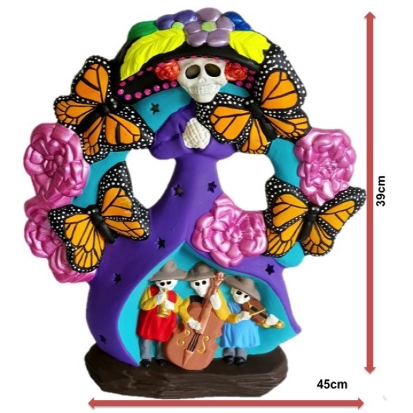 Catrina mexicana monarca, excelente escultura decorativa para dia de muertos, pintada a mano por manos mexicanas