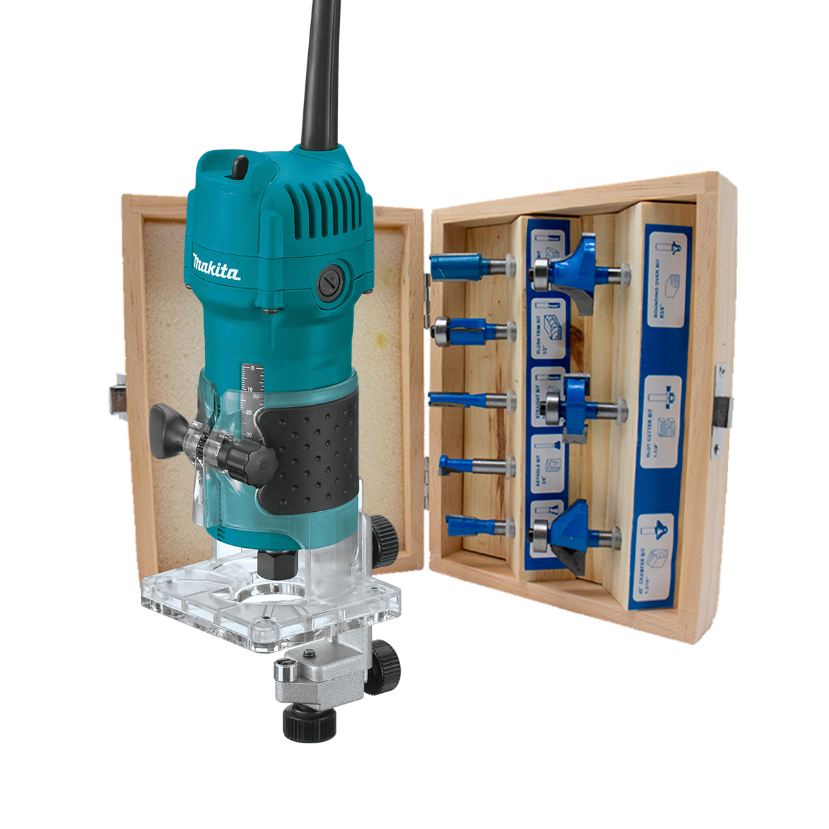 Recortadora Router Makita 3709 de 530W con Cople de 1/4" produce 30,000 RPM para un corte liso y aplicaciones de burilado ligero + juego de 8 Brocas en estuche de madera