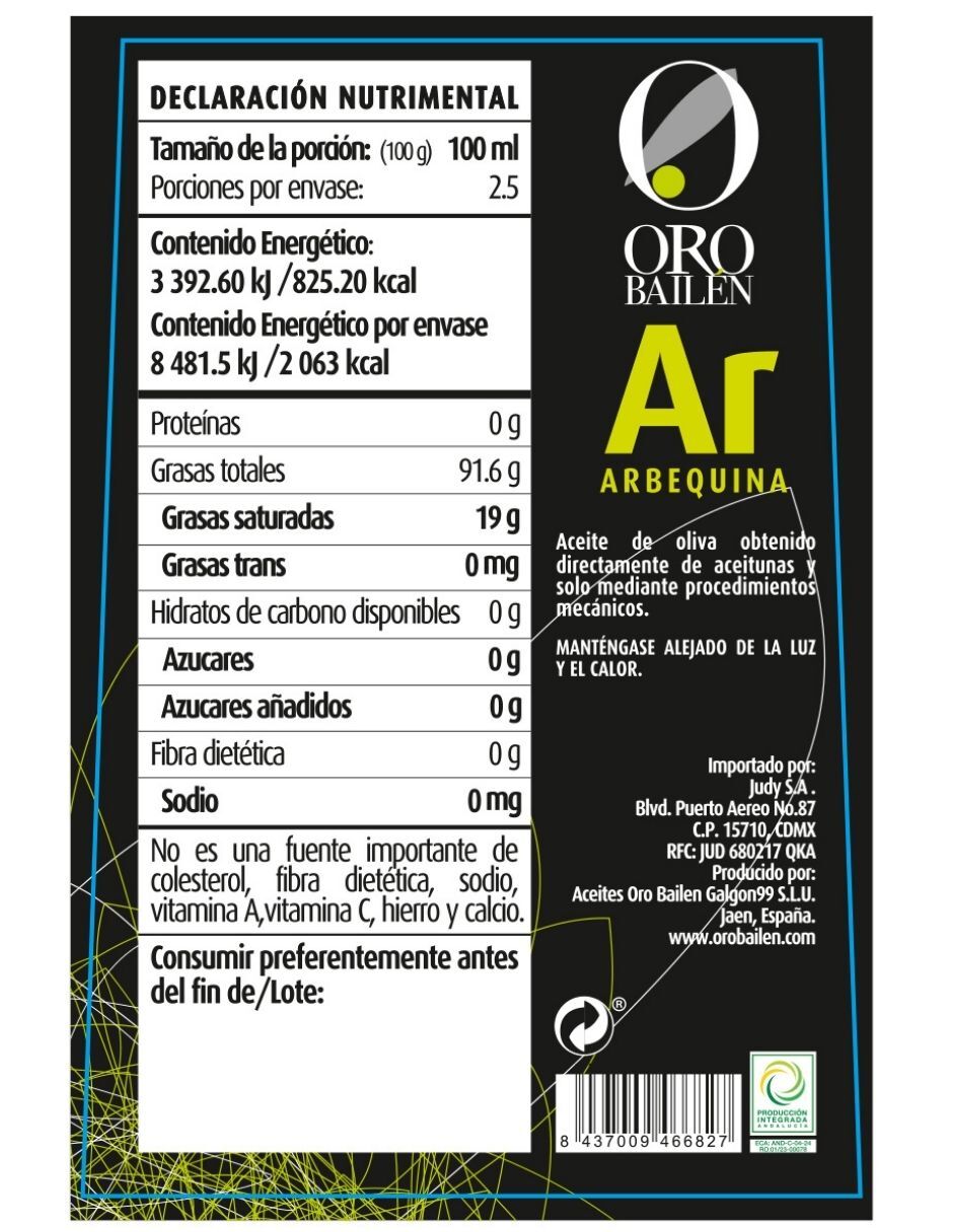 Aceite de Oliva Extra Virgen - Categoria Superior - ORO BAILEN - Cosecha 2020/2021 - 250 ml - Arbequina