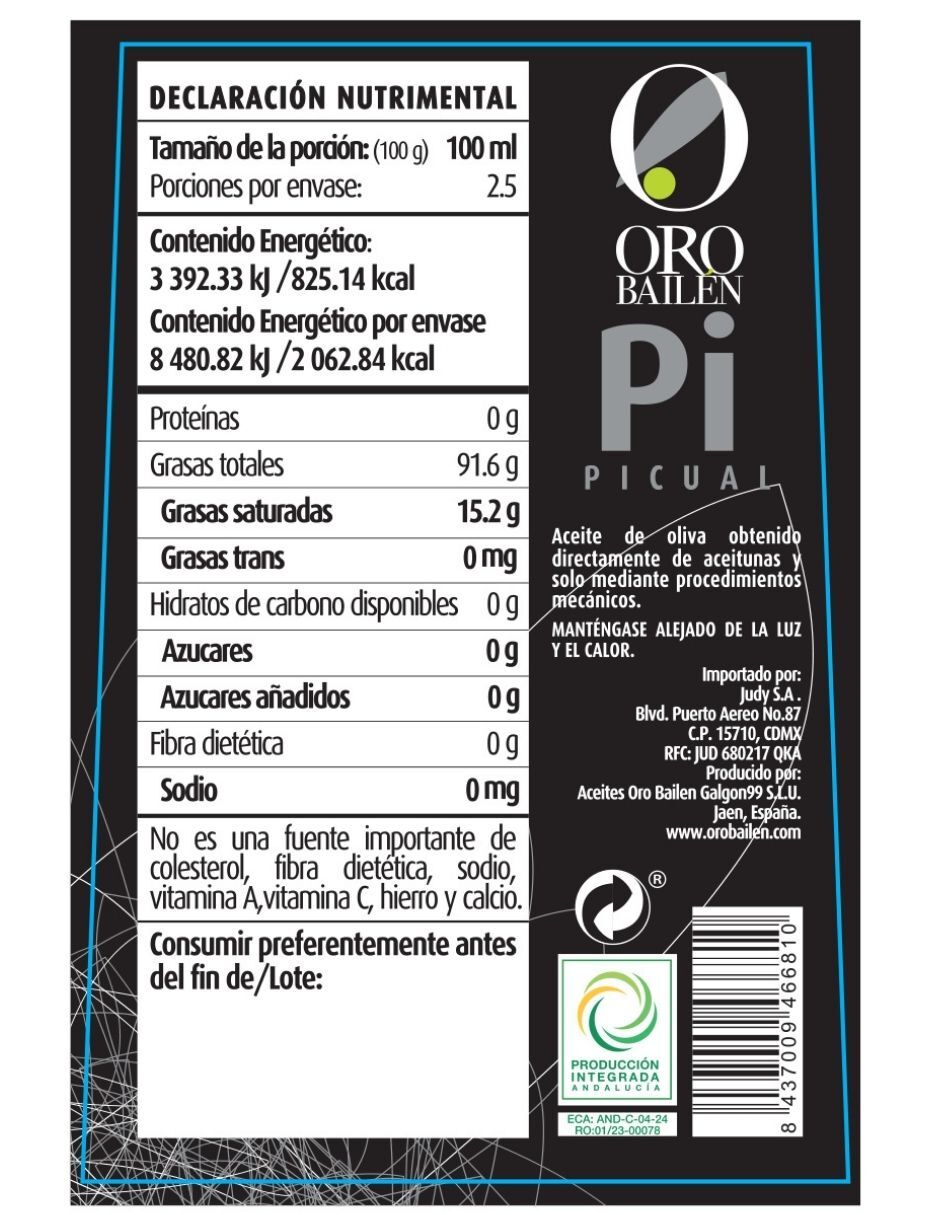 Aceite de Oliva Extra Virgen - Categoria Superior - ORO BAILEN - Cosecha 2020/2021 - 250 ml - Picual