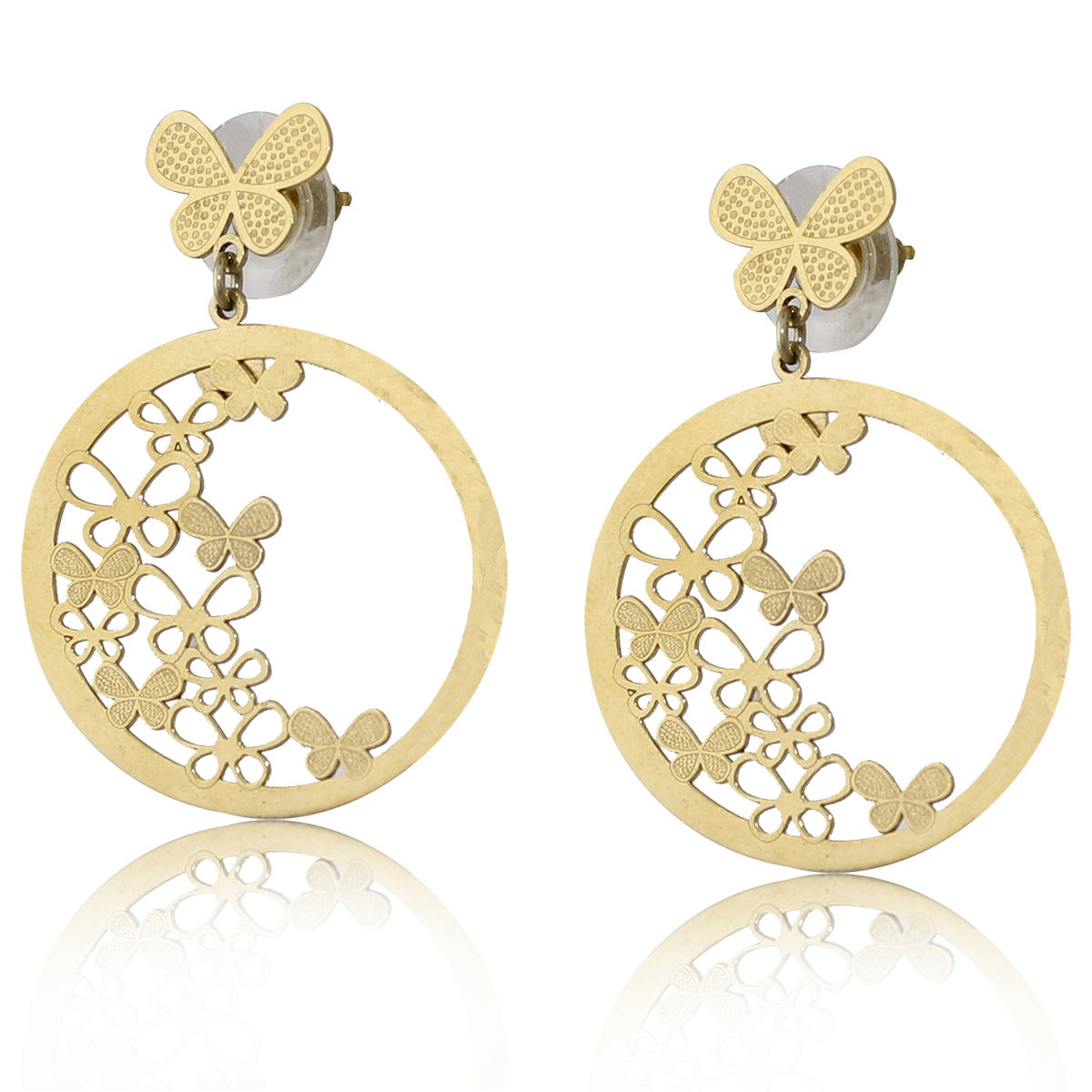 Broquel Arete Oro 18K Laminado#58  en forma de circulo con flores dimensión 3 cm. de largo y 3 cm de ancho.