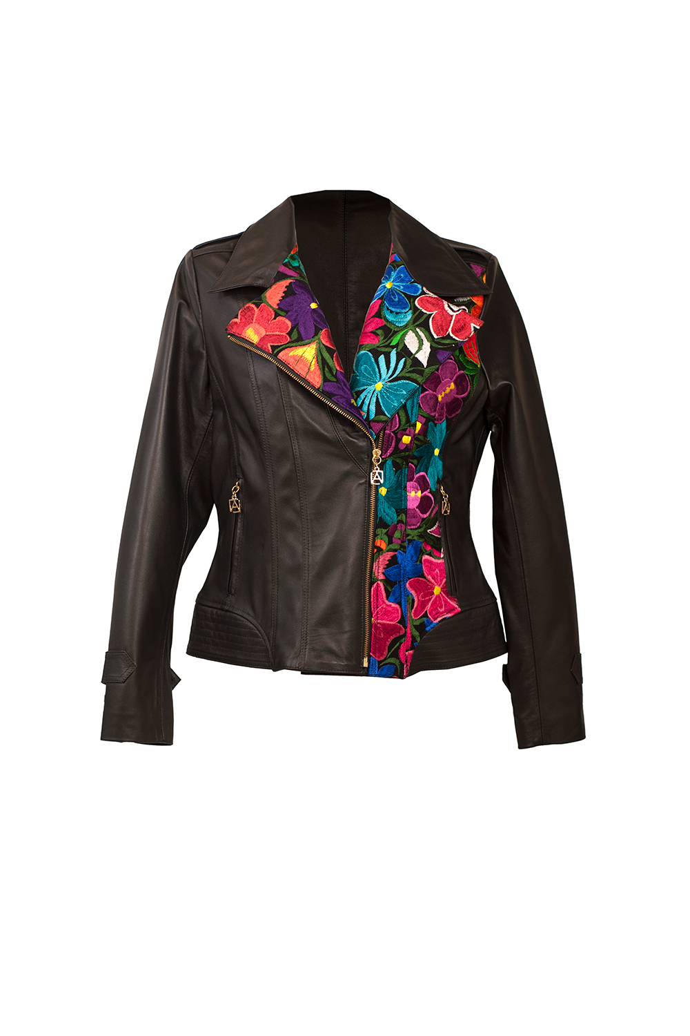 Chamarra de Dama Solapa AngeLozano de piel con Telar Artesanal  color Negro